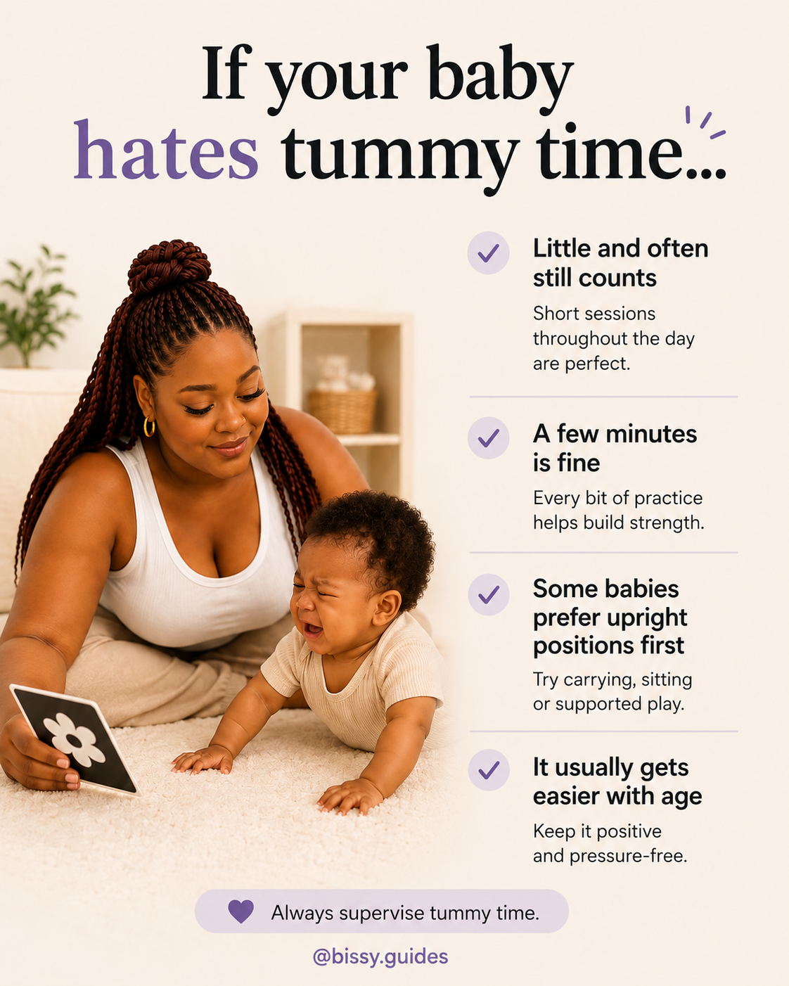A mother and her crying baby lying on the floor, with the mother holding a tablet. The image has text about tips for tummy time with a list of four points.