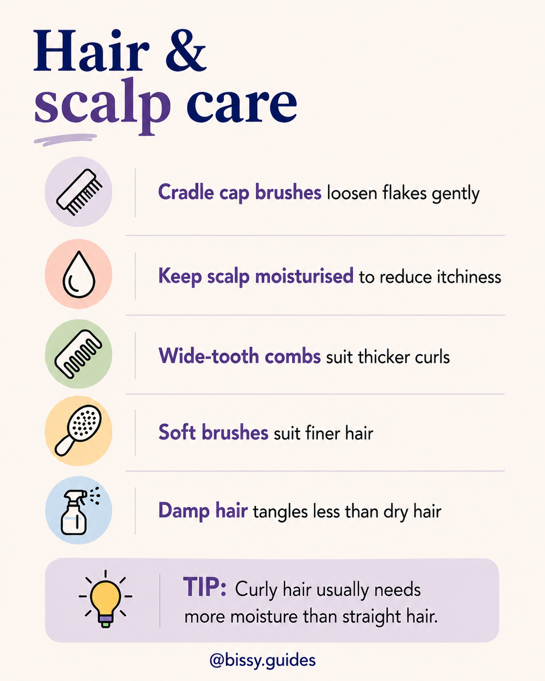 Baby scalp care guide slide showing cradle cap brushes, moisturising scalp care and tips for curly or thicker baby hair