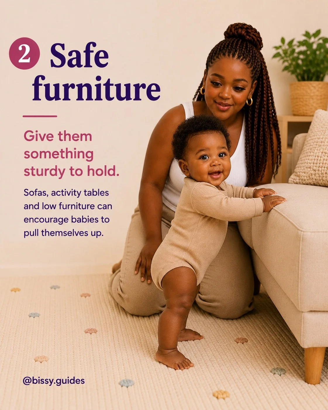 Baby pulling up using a sofa while a parent supervises nearby.