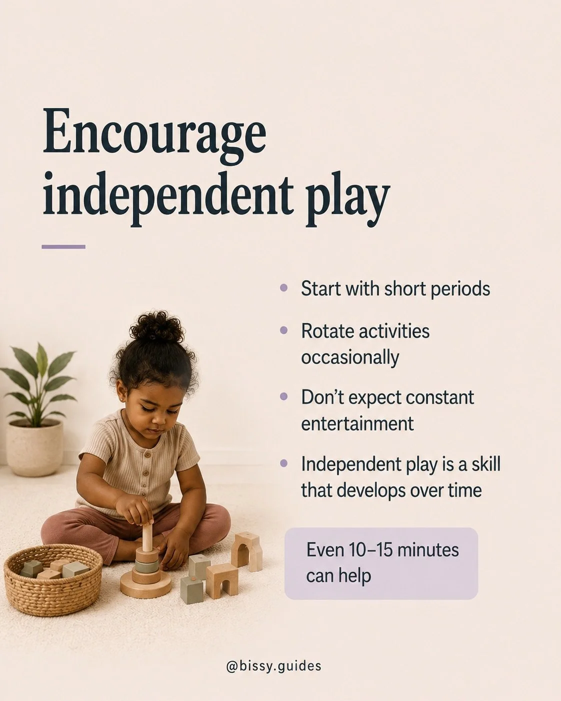Toddler playing independently with simple toys and blocks on the floor.