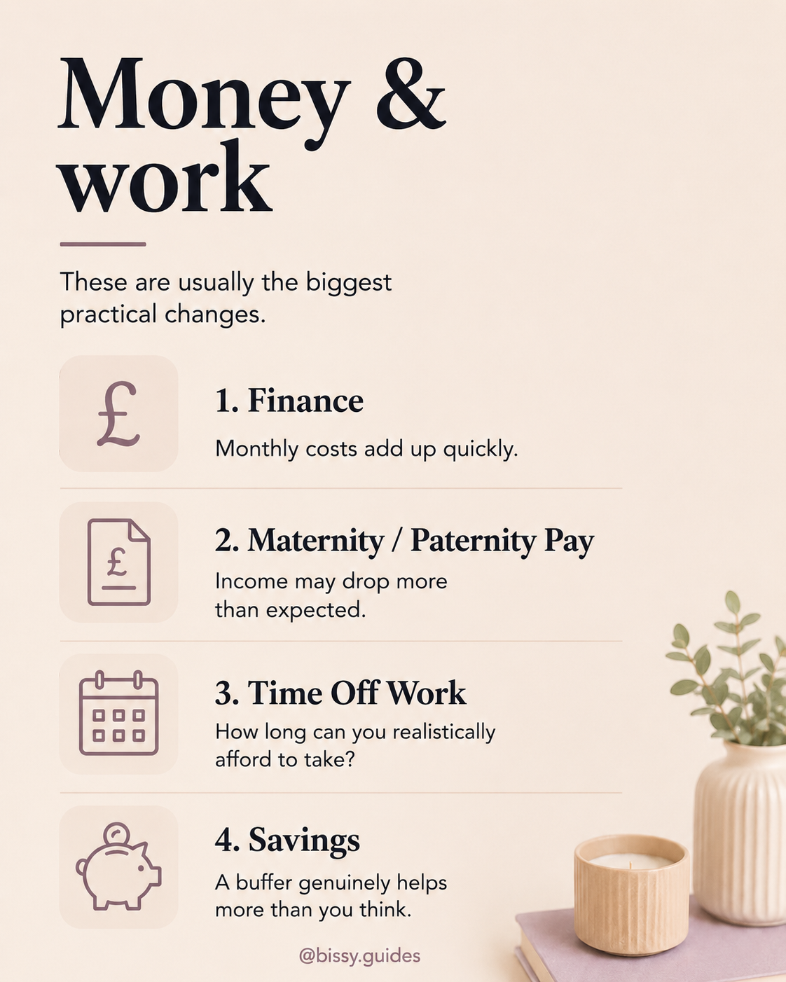 Minimal infographic about finances, maternity pay, savings and time off work when preparing for parenthood.