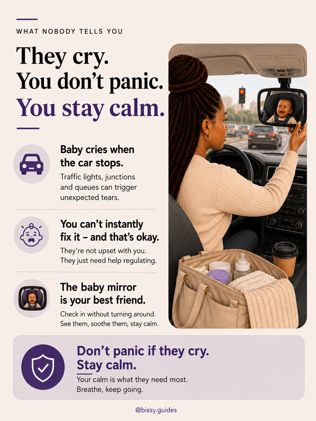 Illustrated mother calmly driving while checking a baby mirror as her baby cries in the back seat. Educational parenting guide about staying calm when babies cry in the car.
