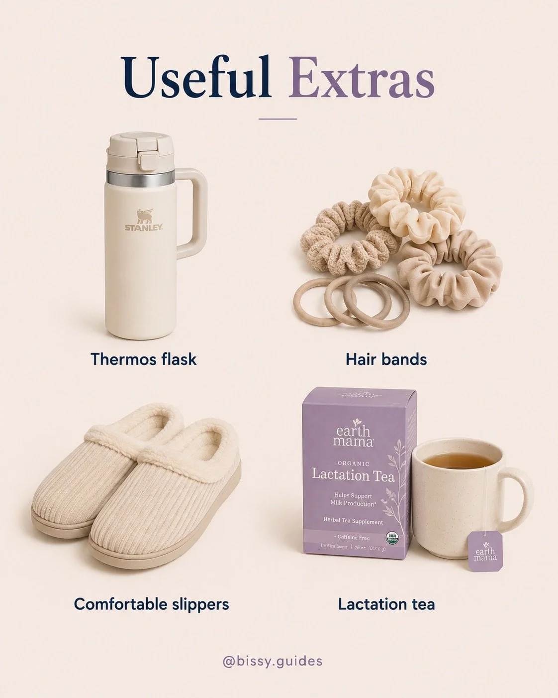 Useful new mum gifts including thermos flask, hair bands, slippers and lactation tea.