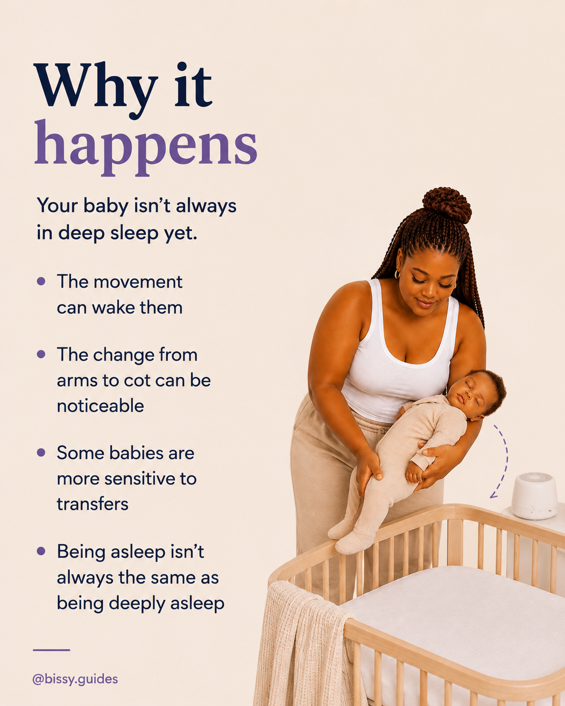 Explanation of why babies wake during transfers including lighter sleep stages, movement, and sensitivity to being moved.