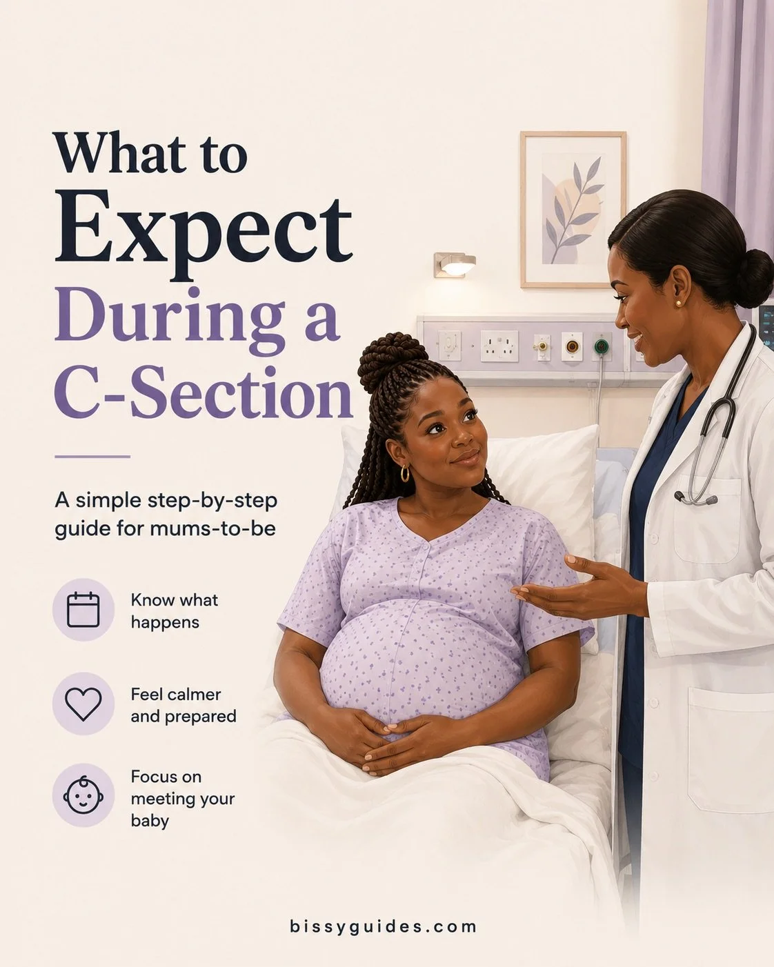 Pregnant woman in a hospital gown discussing a planned C-section with a doctor in a maternity ward.