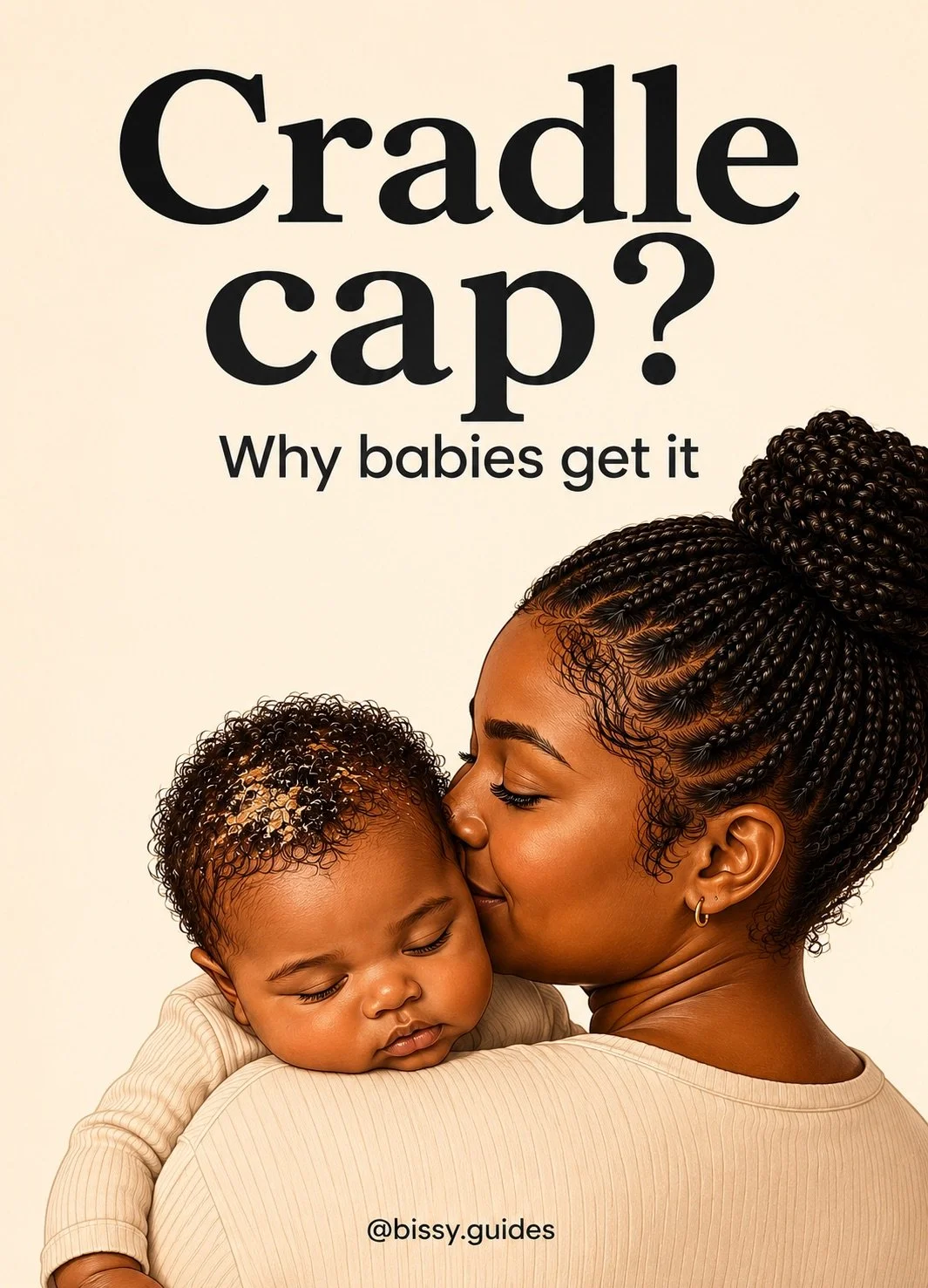 Mother holding baby with visible cradle cap flakes on scalp against cream background.