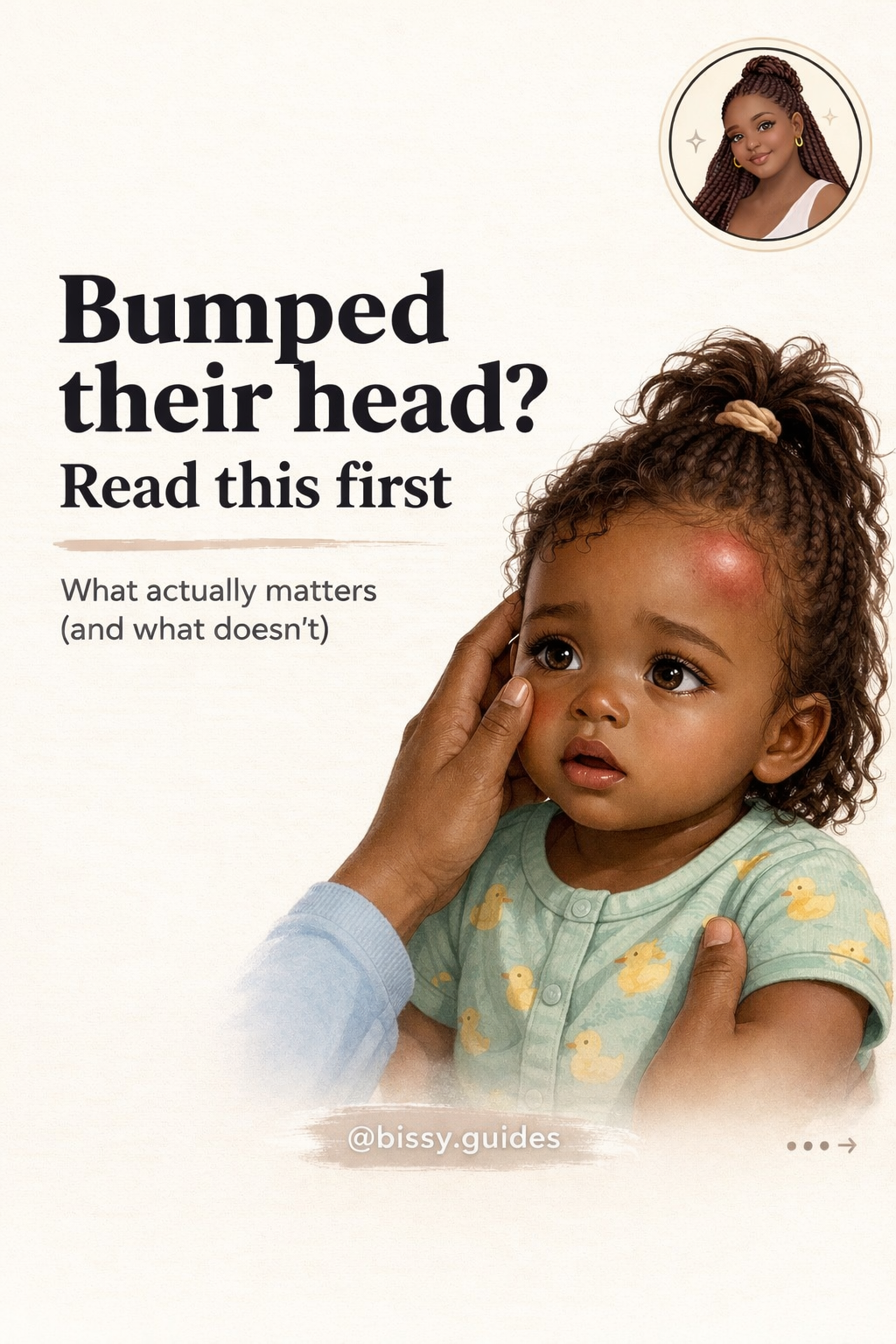 Illustrated toddler with forehead bump being comforted by parent with title “Bumped their head? Read this first”.