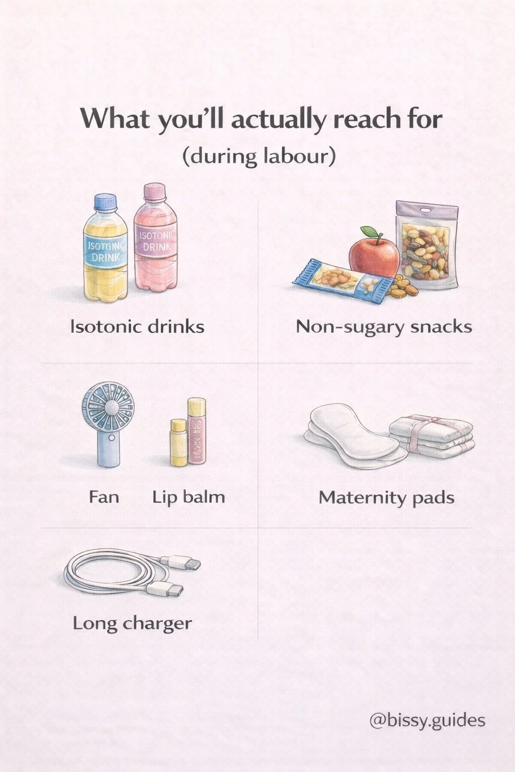 Hospital bag essentials for labour including isotonic drinks, snacks, lip balm, fan and long phone charger
