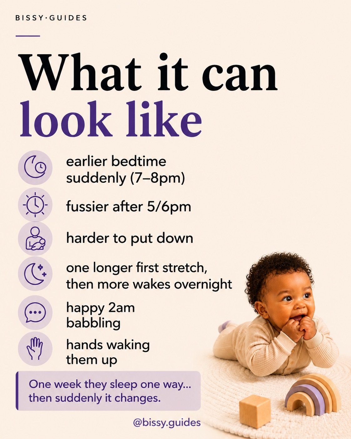 Baby lying on a play mat chewing hands beside text describing common signs of the 3–4 month sleep transition