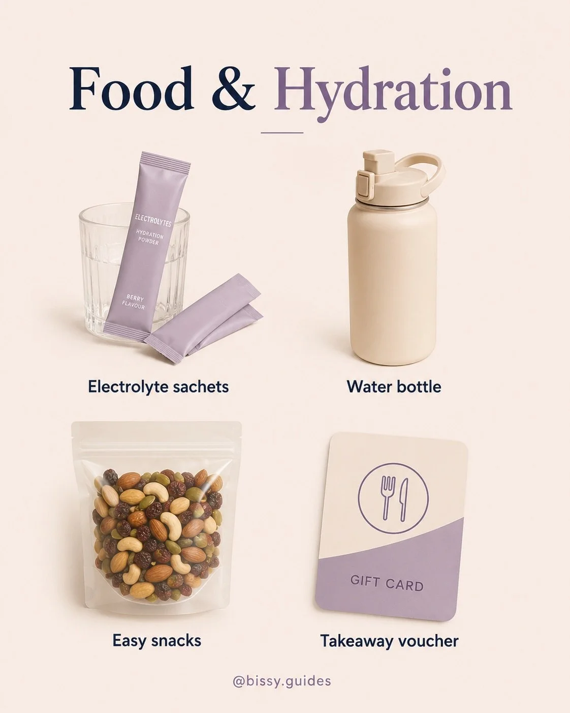New mum gift basket ideas including electrolyte sachets, water bottle, snacks and takeaway voucher.