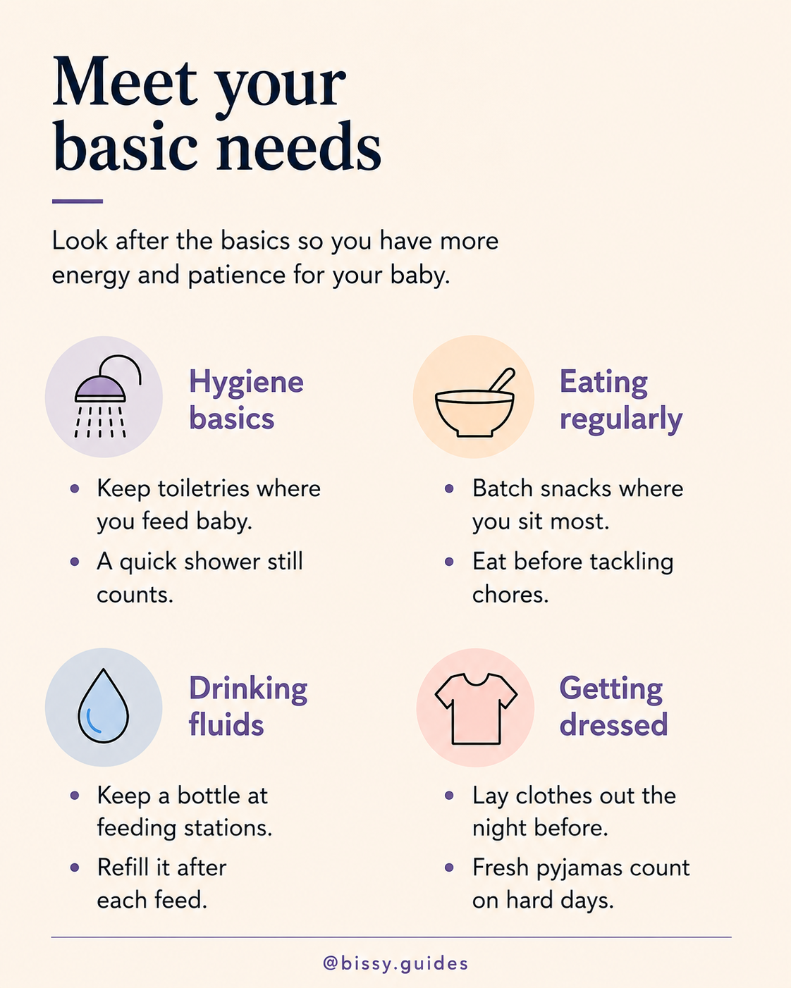 Self-care guide showing practical ways to meet basic needs after having a baby, including hygiene, eating regularly, drinking fluids, and getting dressed.