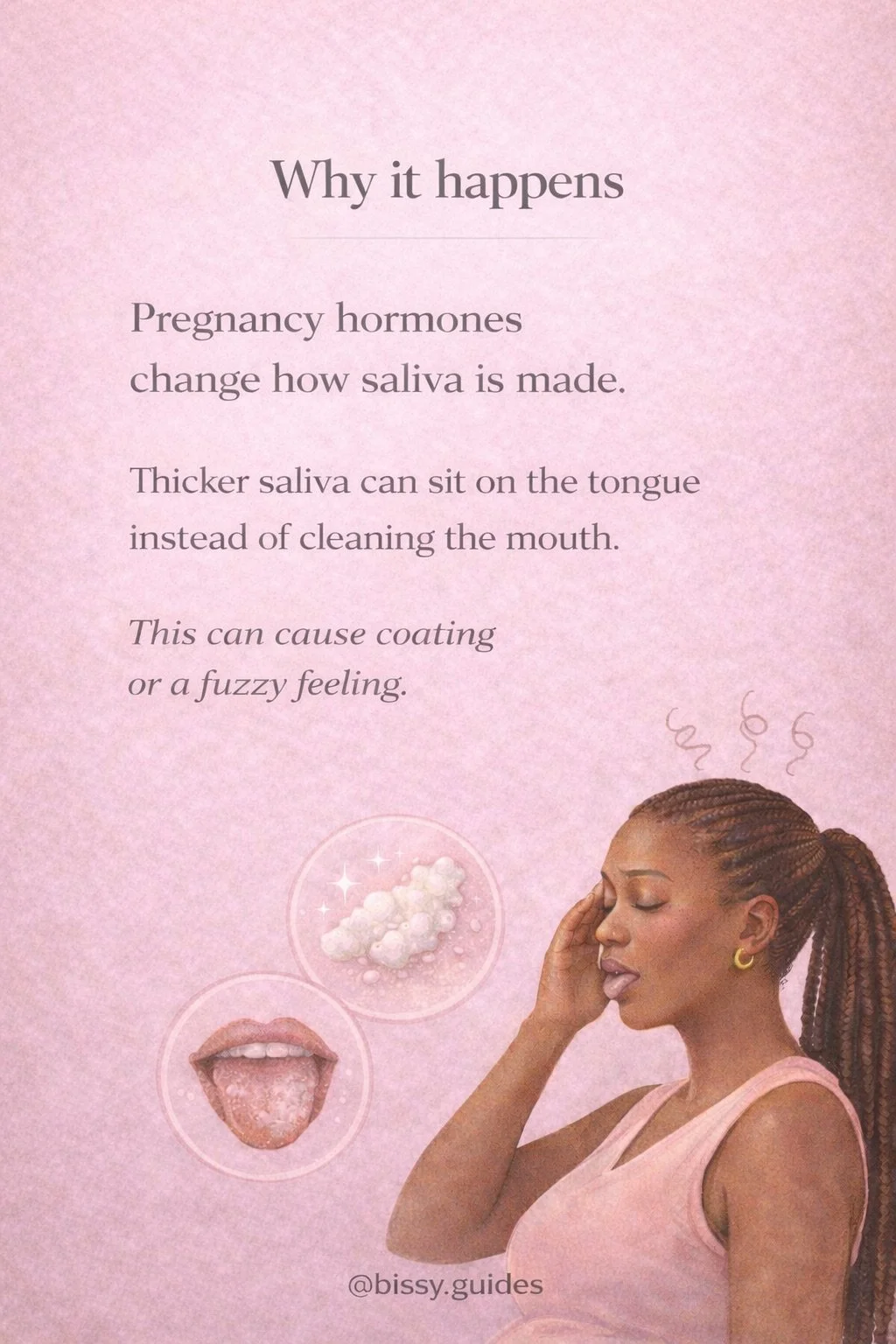 Illustration explaining how pregnancy hormones can cause thick saliva, a coated tongue and a fuzzy feeling in the mouth.
