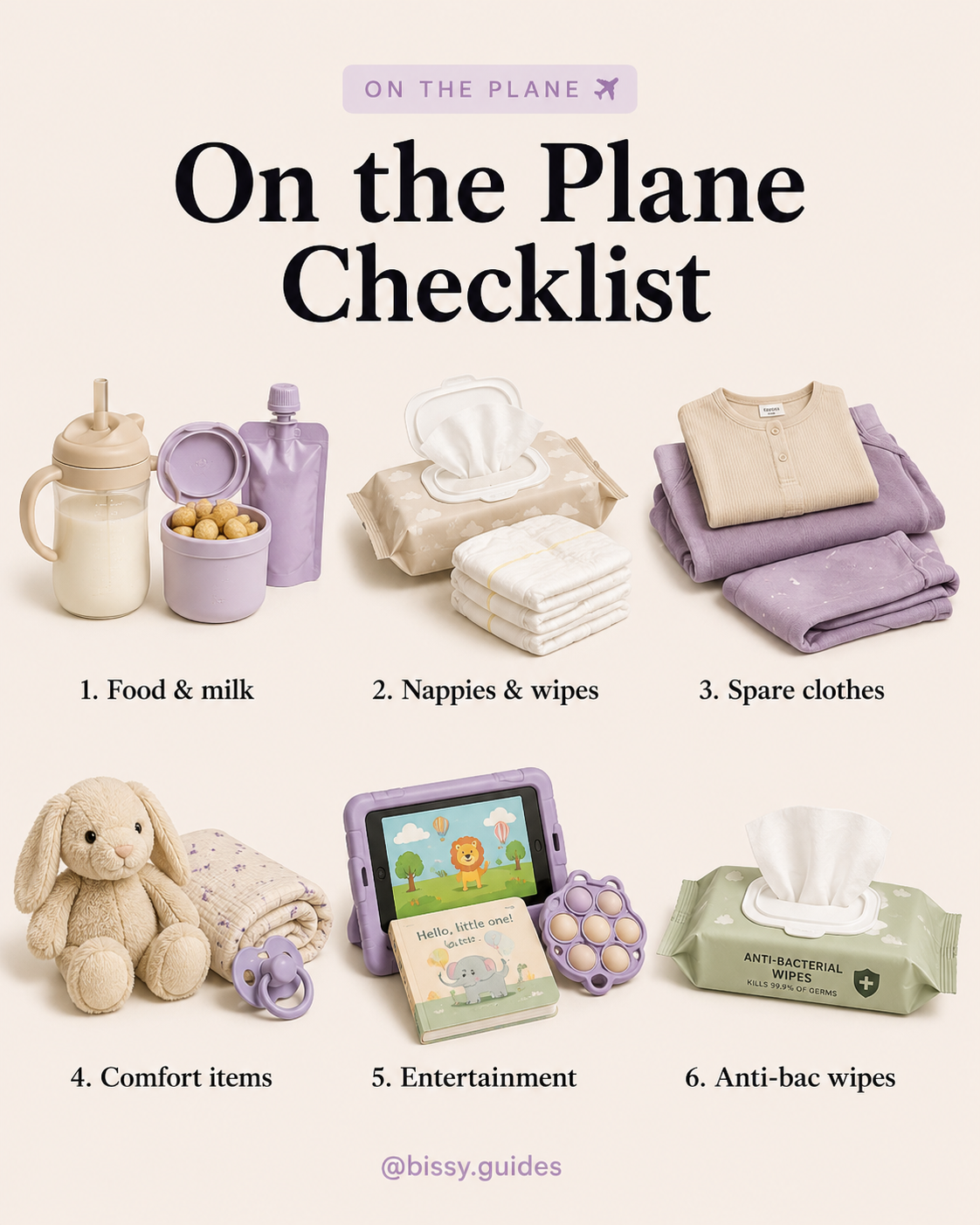 Baby flight essentials checklist including food and milk, nappies and wipes, spare clothes, comfort items, entertainment, and anti-bac wipes.