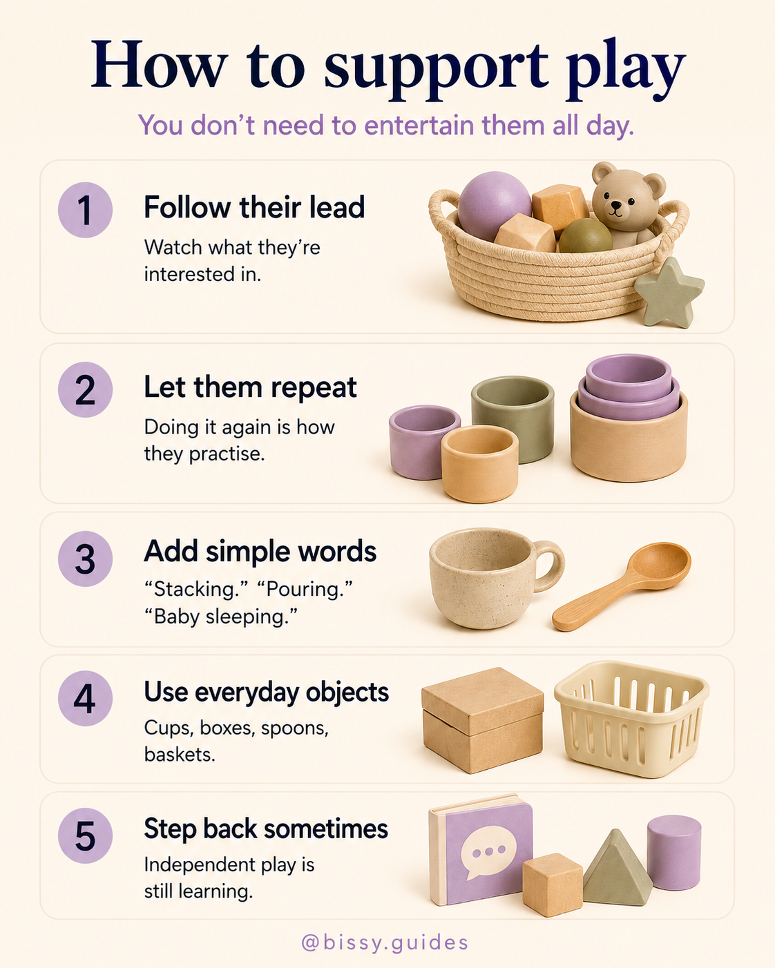 Guide showing simple ways to support play, including following a child’s lead, repetition, simple words, everyday objects and independent play