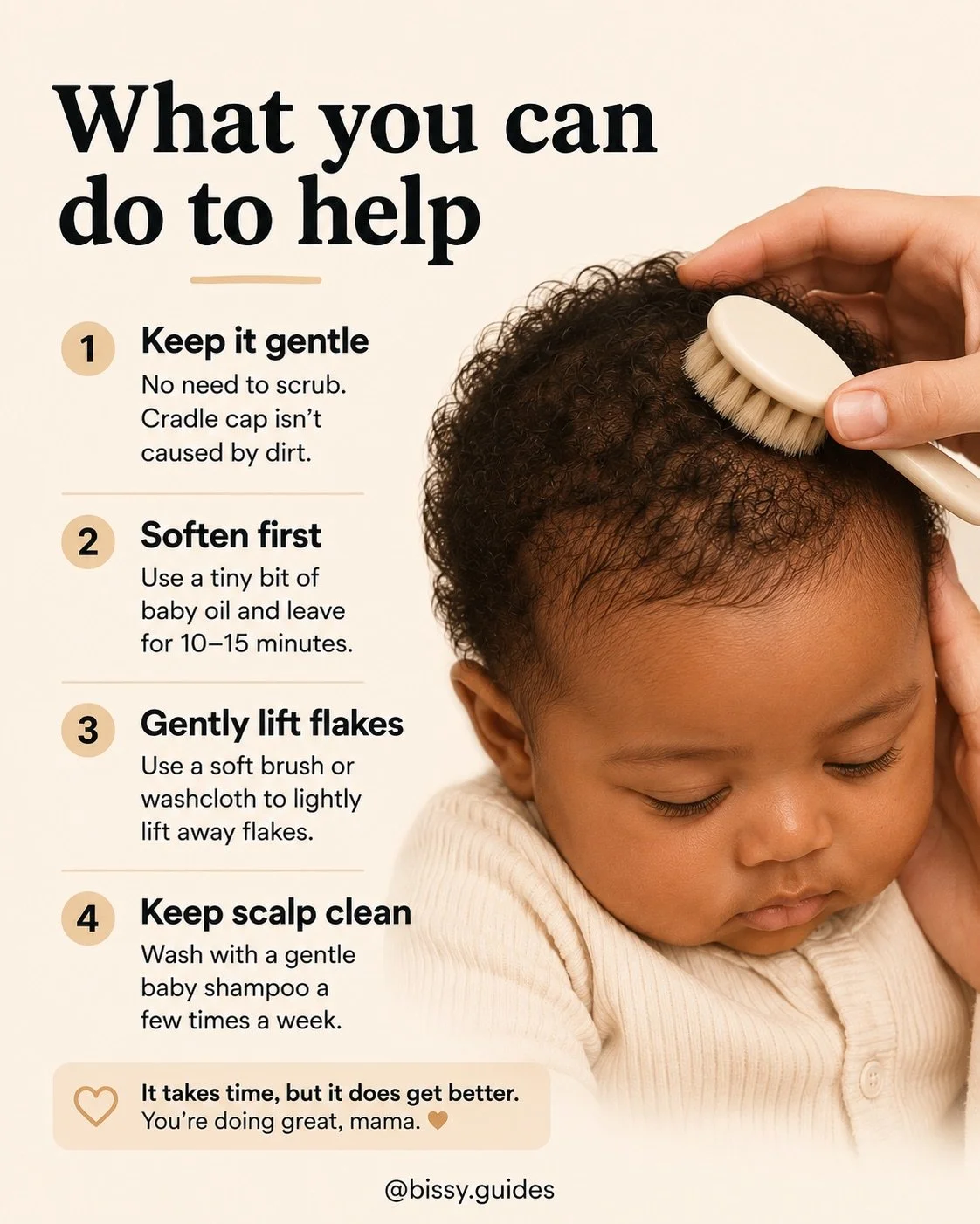Baby scalp being gently brushed with soft cradle cap brush.