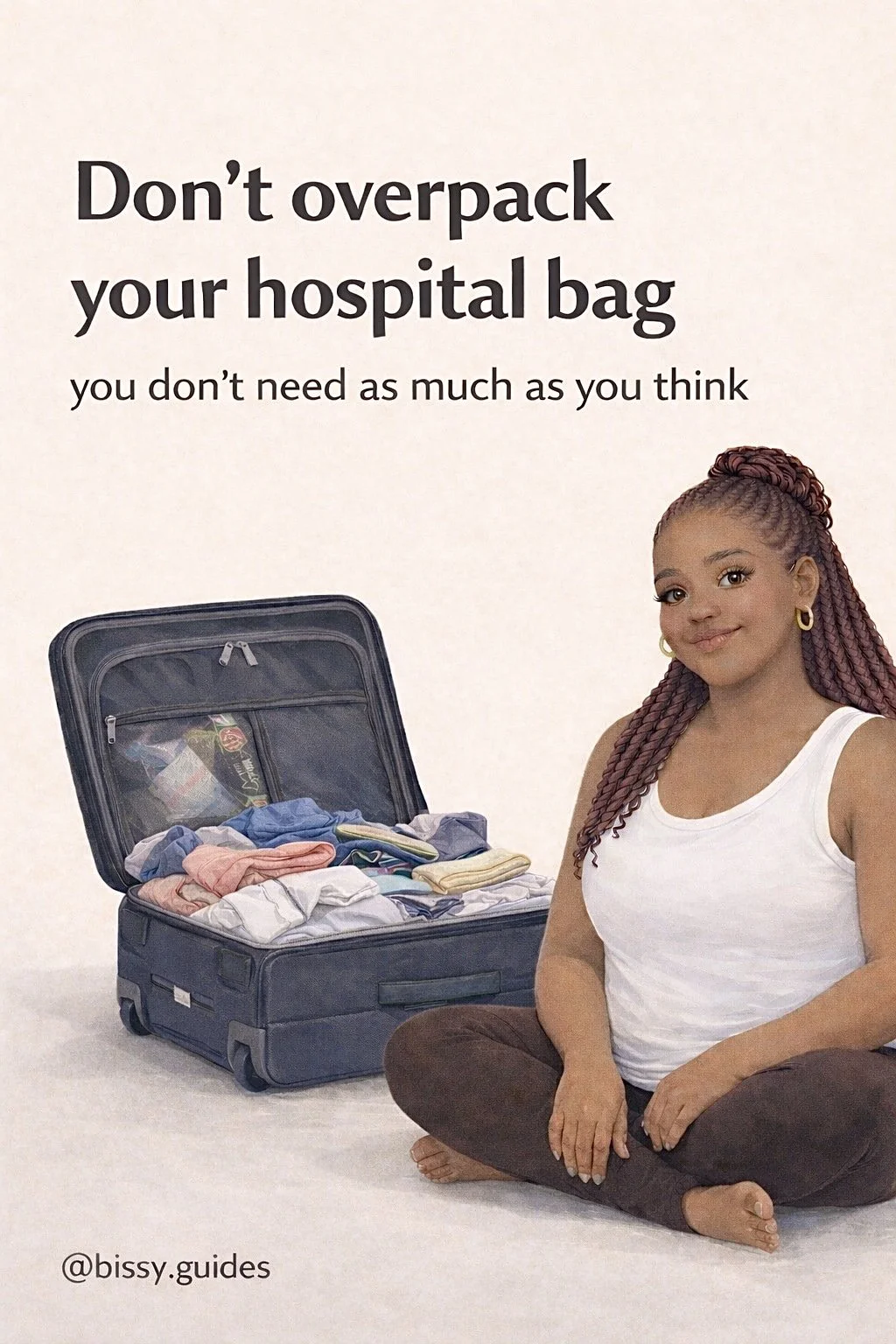 Pregnant woman packing a hospital bag with realistic maternity essentials and baby items arranged beside her