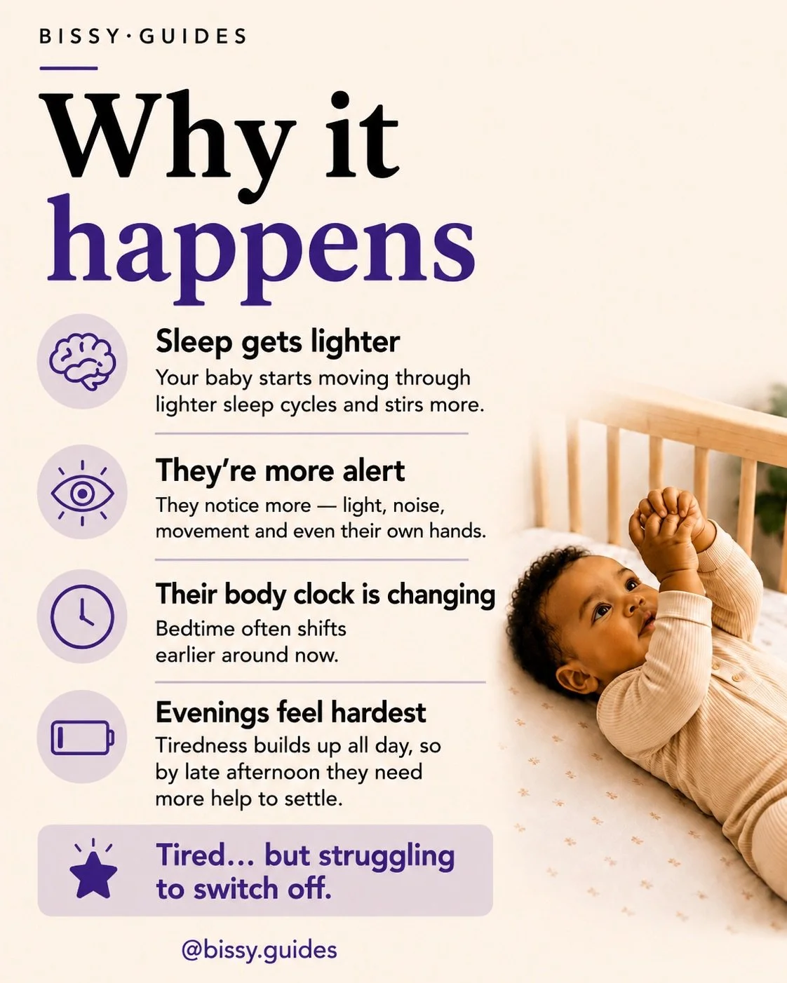 Baby lying in a cot looking at their hands while text explains why sleep changes around 3–4 months