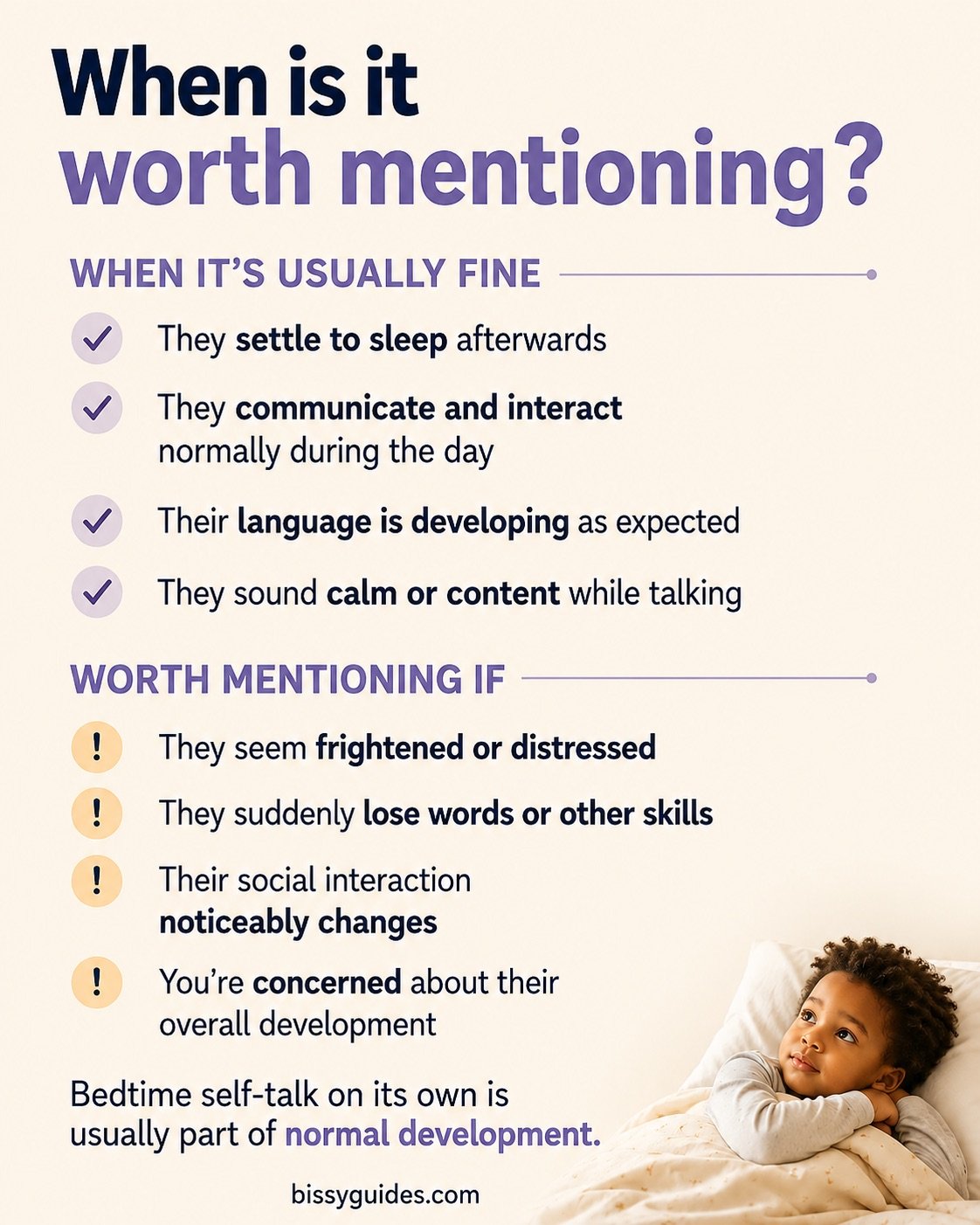 Brown toddler lying calmly in bed before sleep alongside guidance on when bedtime self-talk is usually normal and when to seek advice.