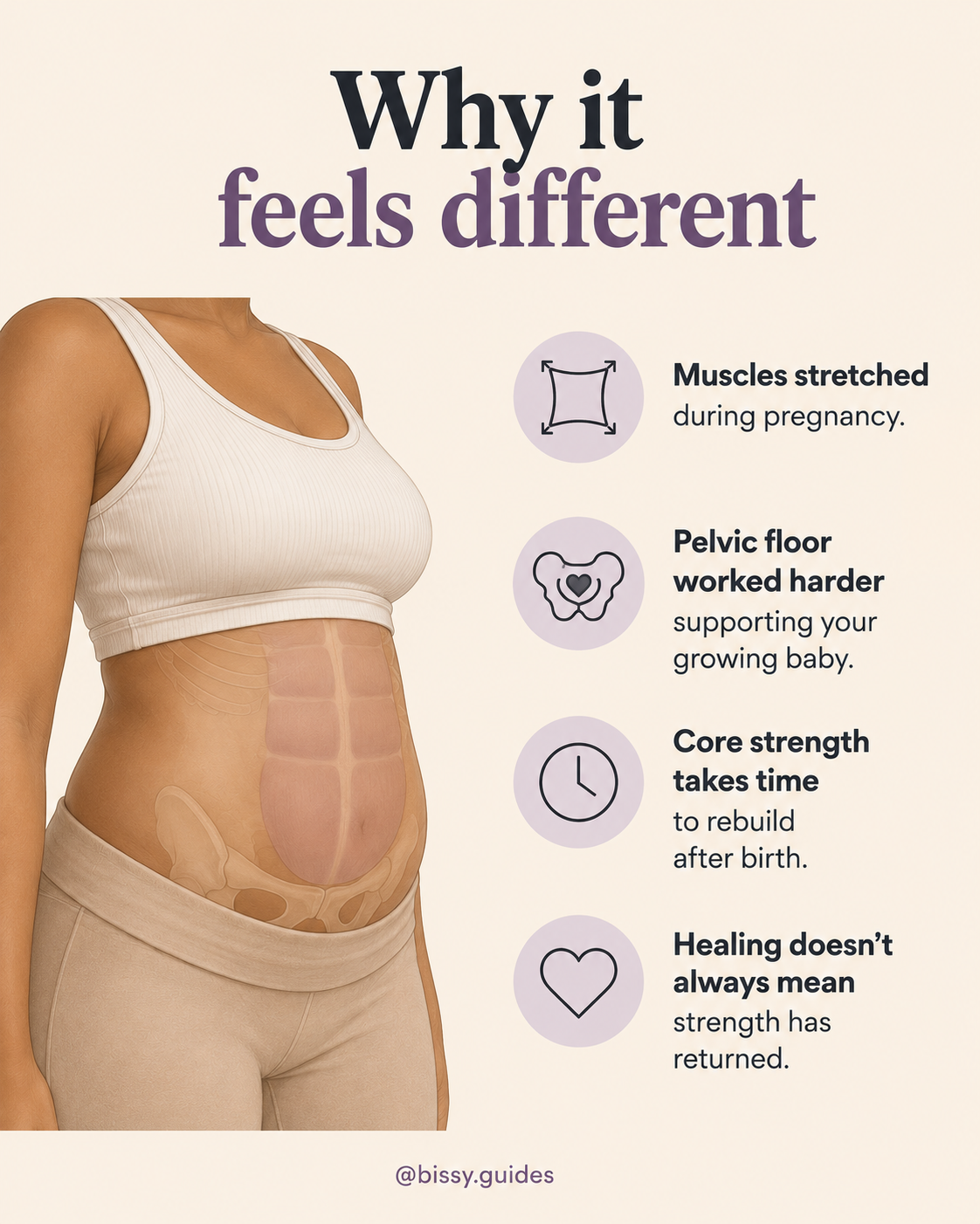 Illustrated torso explaining why the core feels different after pregnancy with key postpartum recovery points.