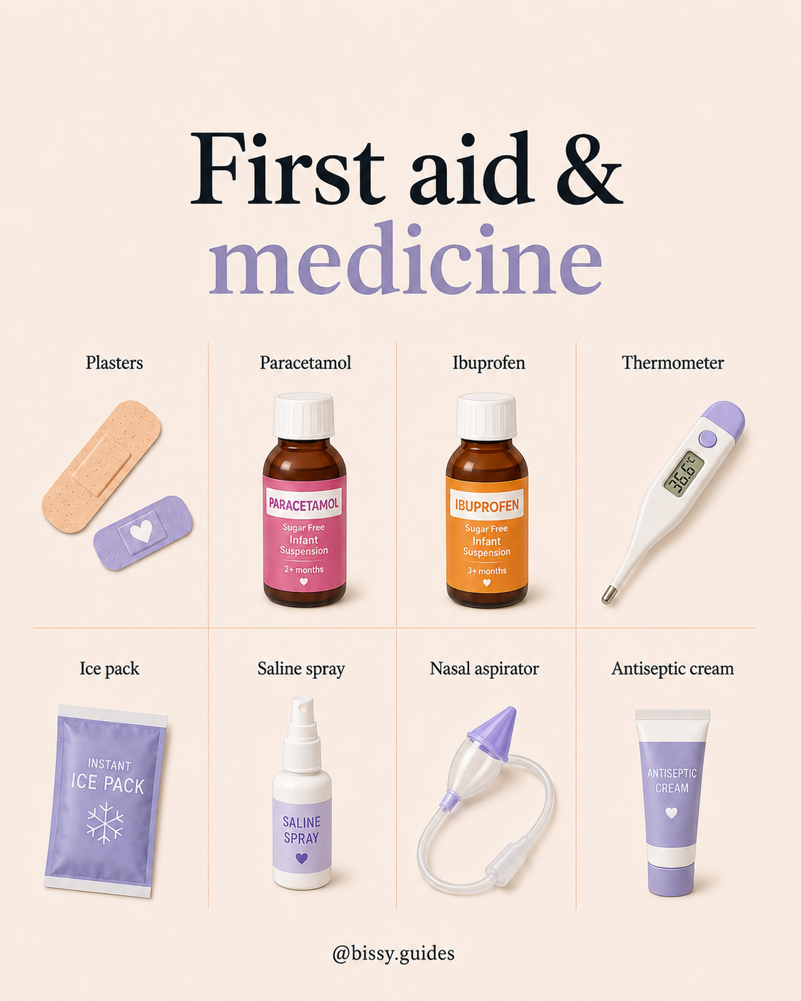 Minimal first aid essentials grid featuring plasters, infant paracetamol, child ibuprofen, thermometer, saline spray, nasal aspirator and antiseptic cream.