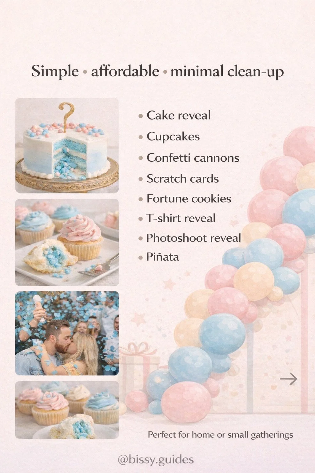 Educational slide showing simple gender reveal ideas including cakes, cupcakes, confetti cannons, scratch cards, and piñatas with soft pastel visuals and minimal layout