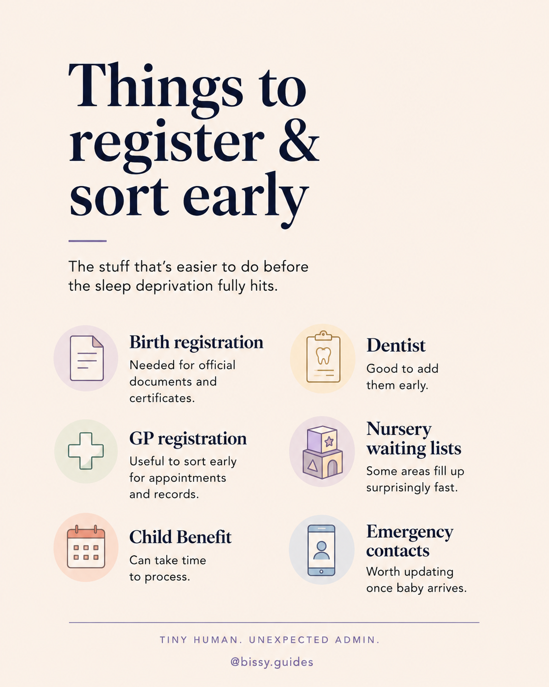 Clean infographic explaining things to register and sort after having a baby, including birth registration, GP registration, Child Benefit, dentist registration and nursery waiting lists with simple pastel icons.