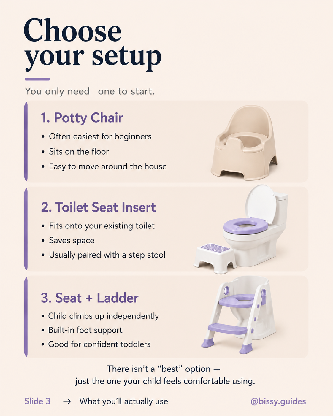 Comparison of potty chairs, toilet seat inserts and toilet ladder seats used during potty training.