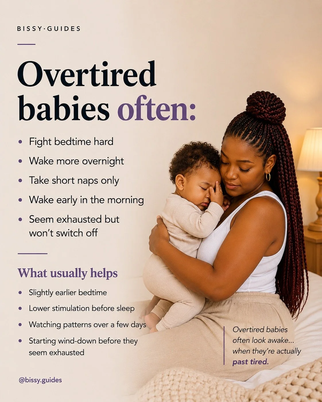 Mother cuddling sleepy baby beside overtired baby signs and calming bedtime tips