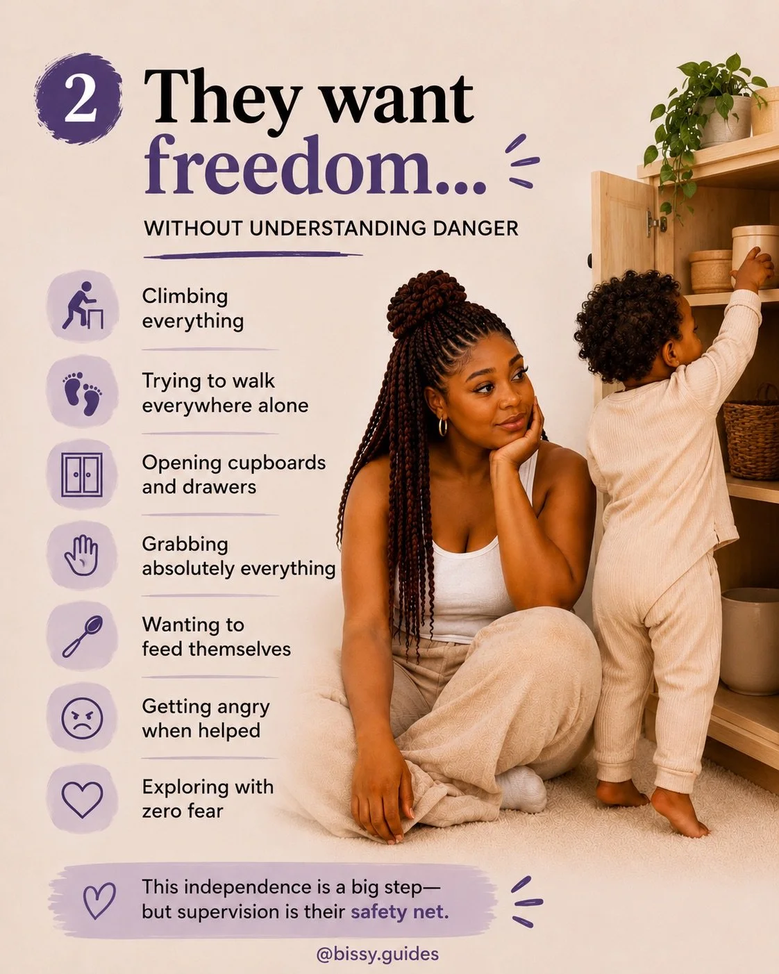 Toddler behaviour guide showing safe exploration and independence in one-year-olds, including climbing, cupboards, and supervised discovery.