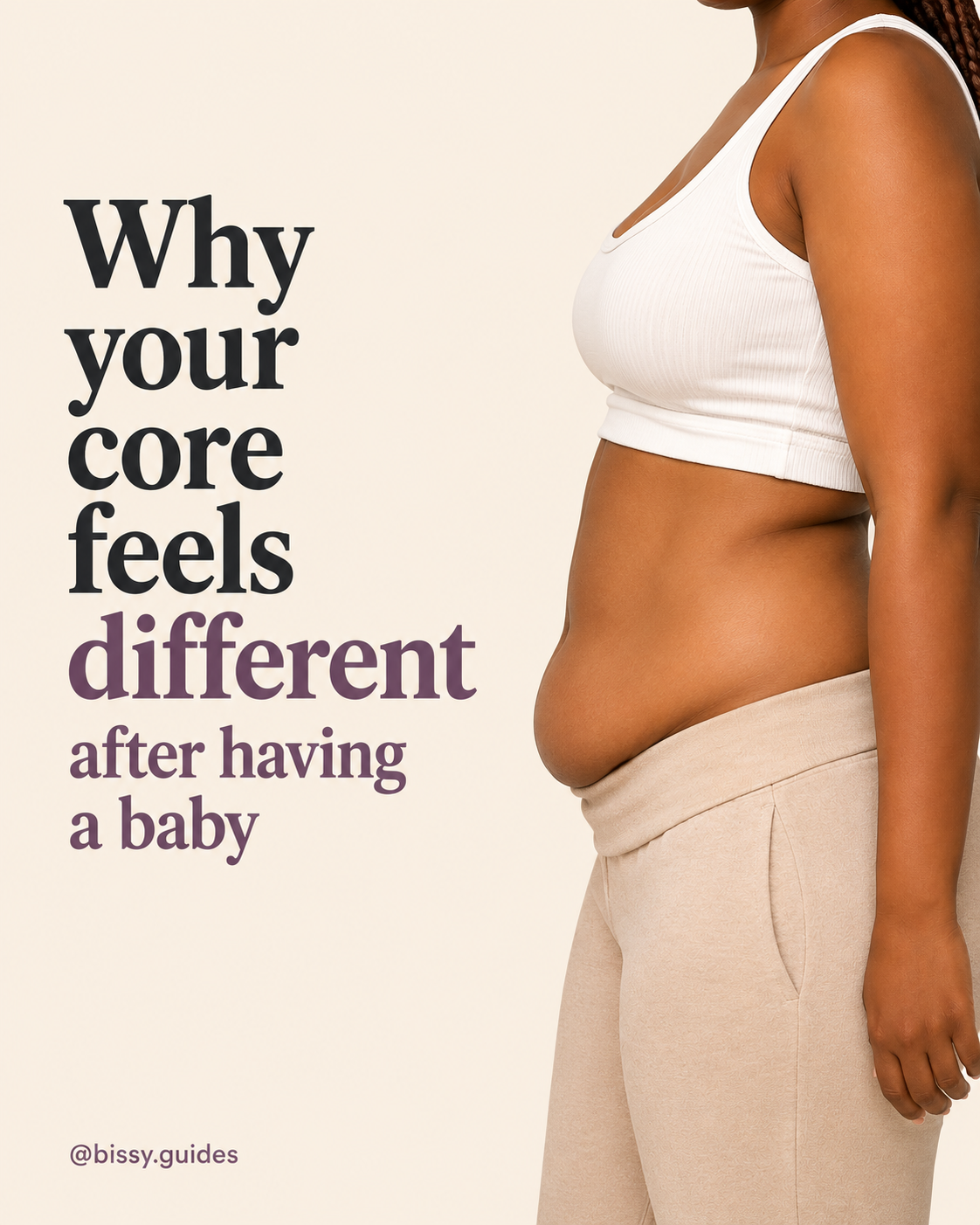 Side profile illustration showing a realistic postpartum abdomen with a lower belly overhang beside the title "Why Your Core Feels Different After Baby."