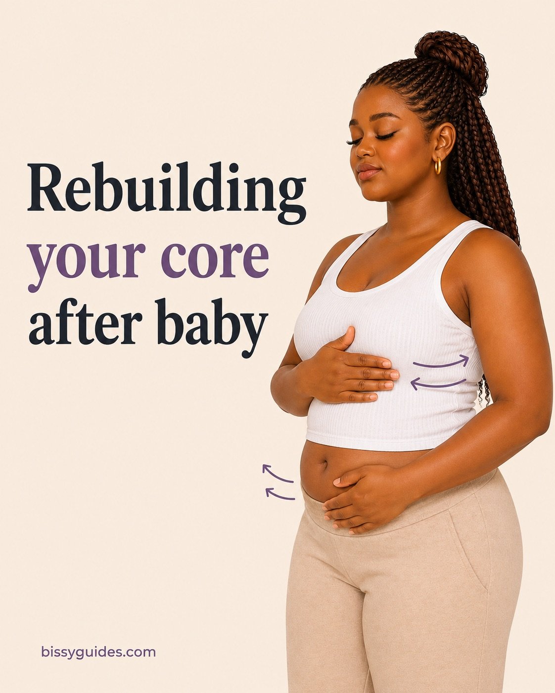 Postpartum woman practising deep core breathing while rebuilding her core after having a baby
