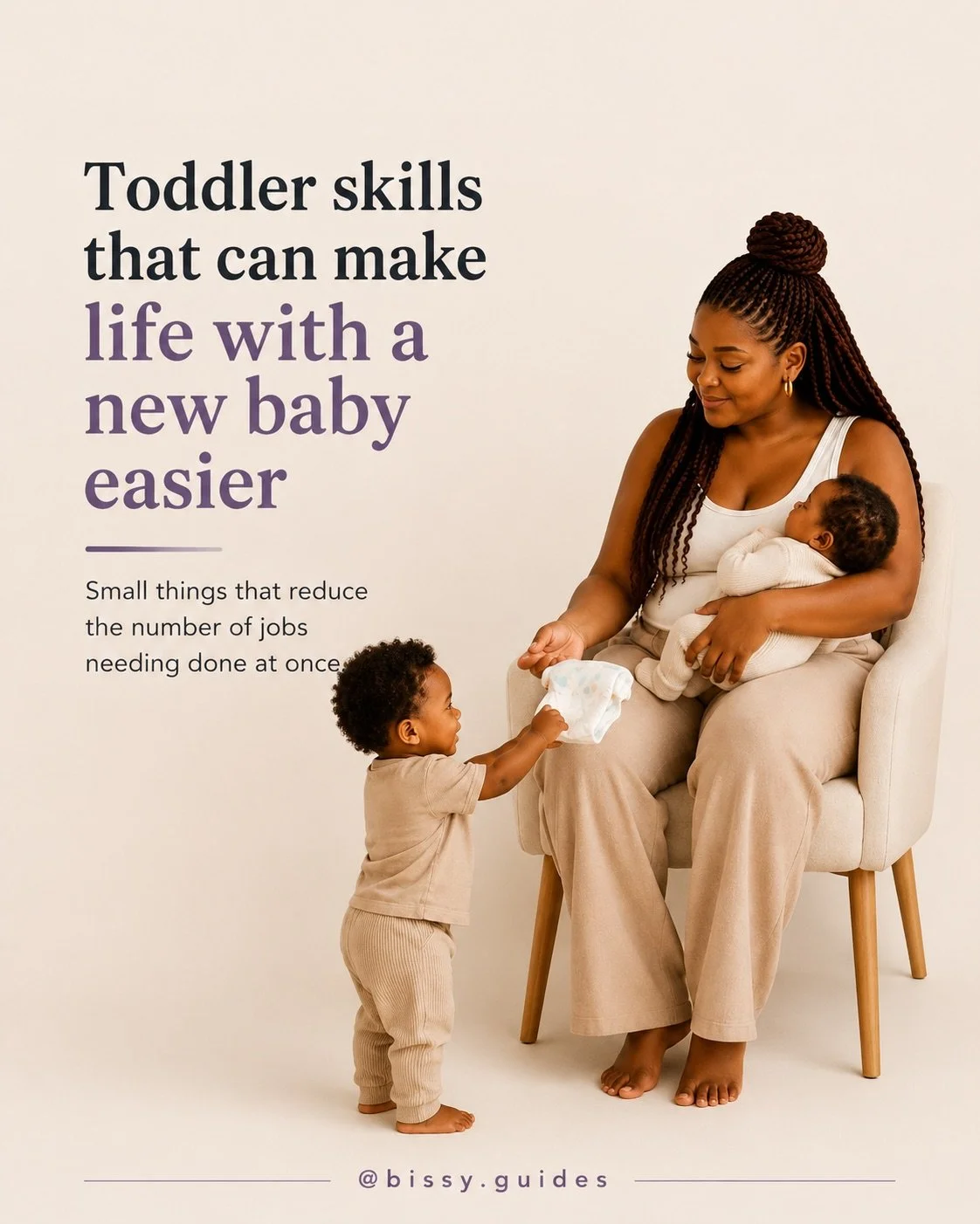 Toddler helping a parent with a newborn by handing over a nappy, illustrating simple skills that can make life easier with a new baby.