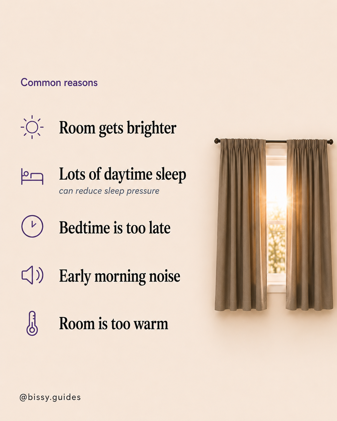 List of common reasons babies wake early, including room brightness, sleep pressure, bedtime timing, noise, and room temperature.