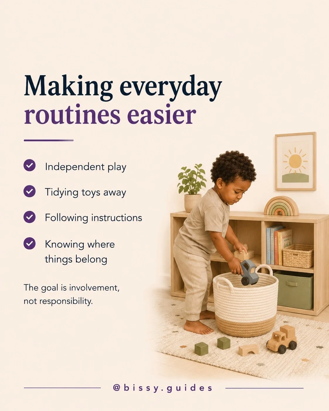 Toddler tidying toys into a storage basket and playing independently, highlighting skills that can make daily routines smoother after a new baby arrives.