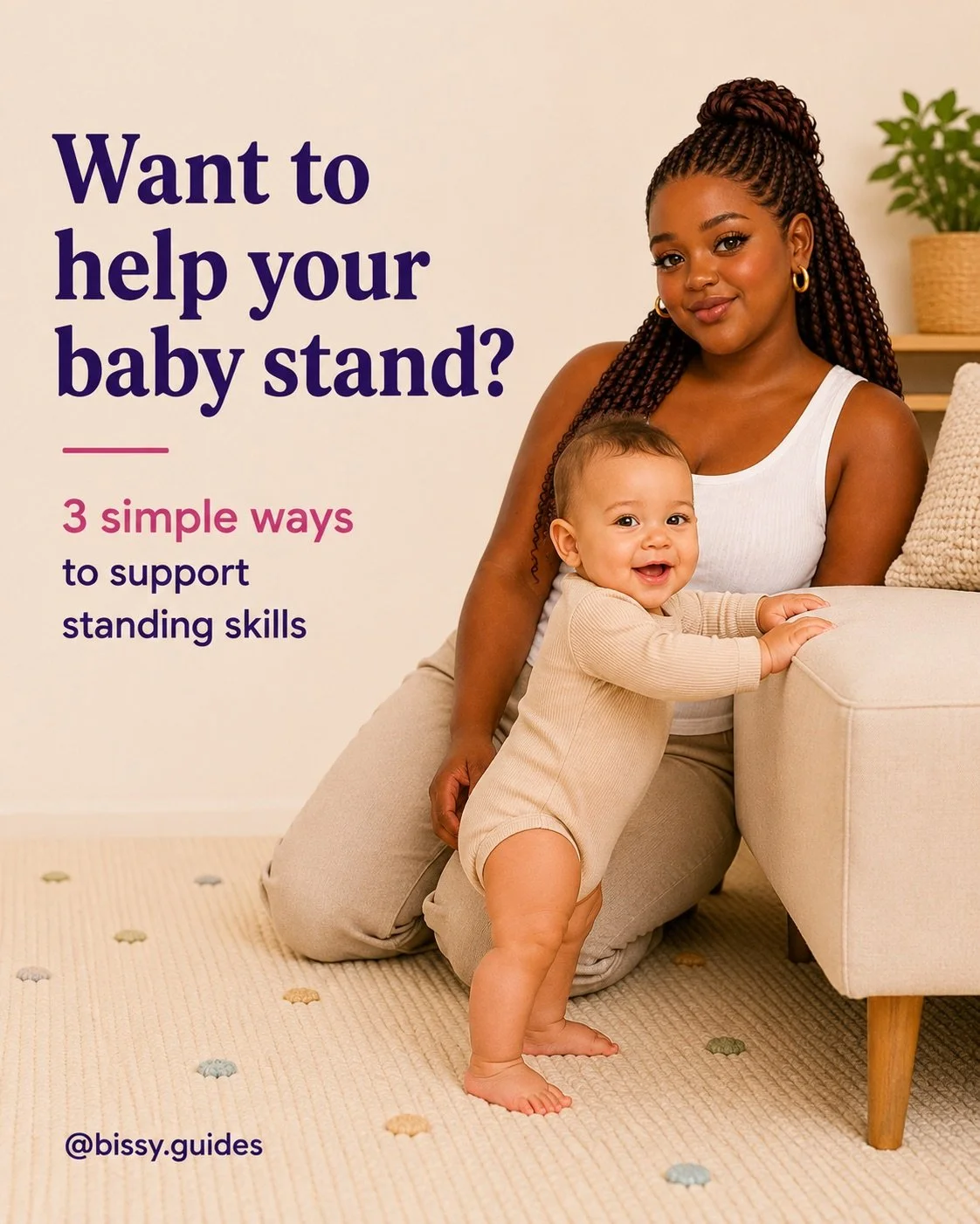Baby practising standing while holding onto a sofa with a parent nearby for support.
