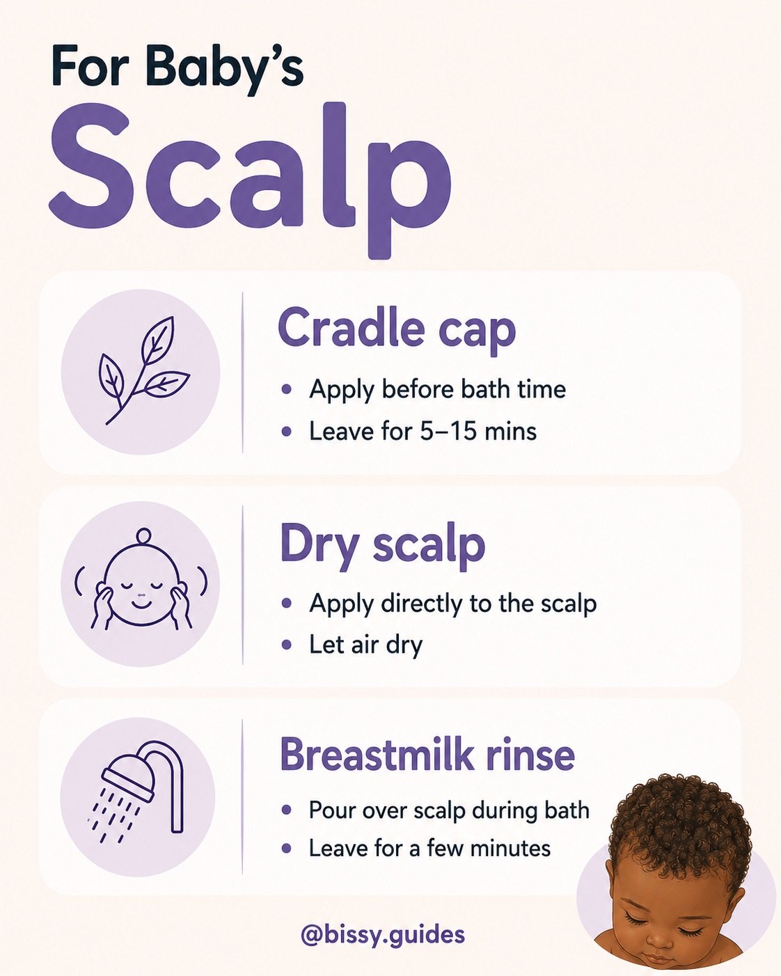 Reference guide showing practical uses for expressed or frozen breastmilk for baby care and scalp care.