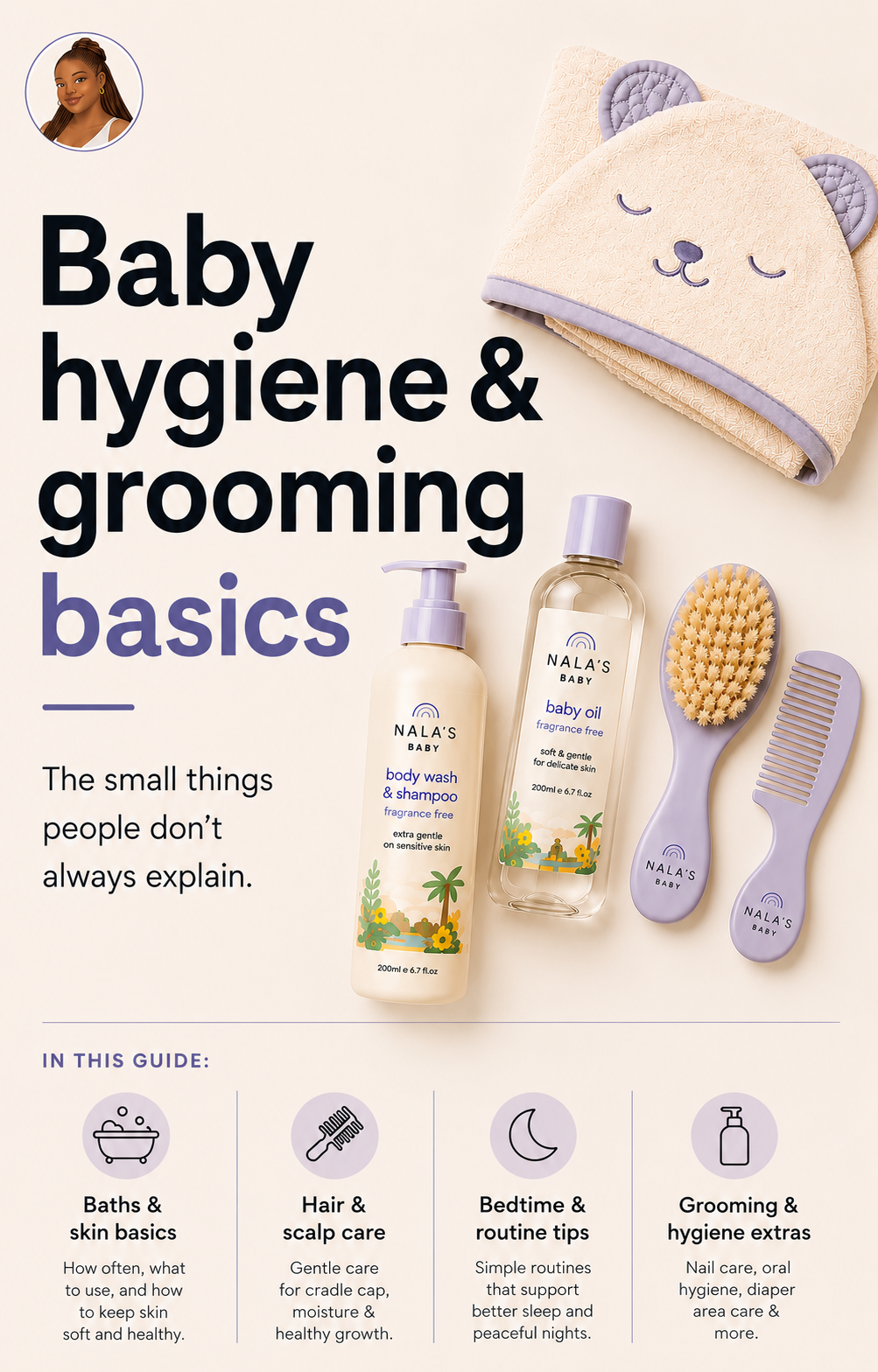 Cream-toned baby hygiene guide cover featuring baby bath products, towel, brush and comb with sections about skincare, scalp care and bedtime routines