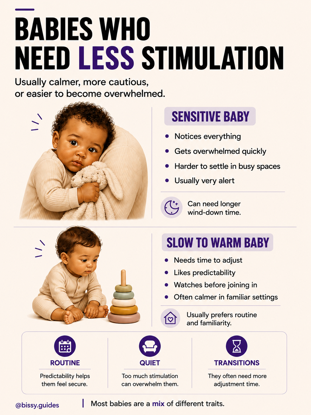 Infographic explaining sensitive babies and slow-to-warm babies with illustrations and traits related to routines, overstimulation and cautious behaviour.