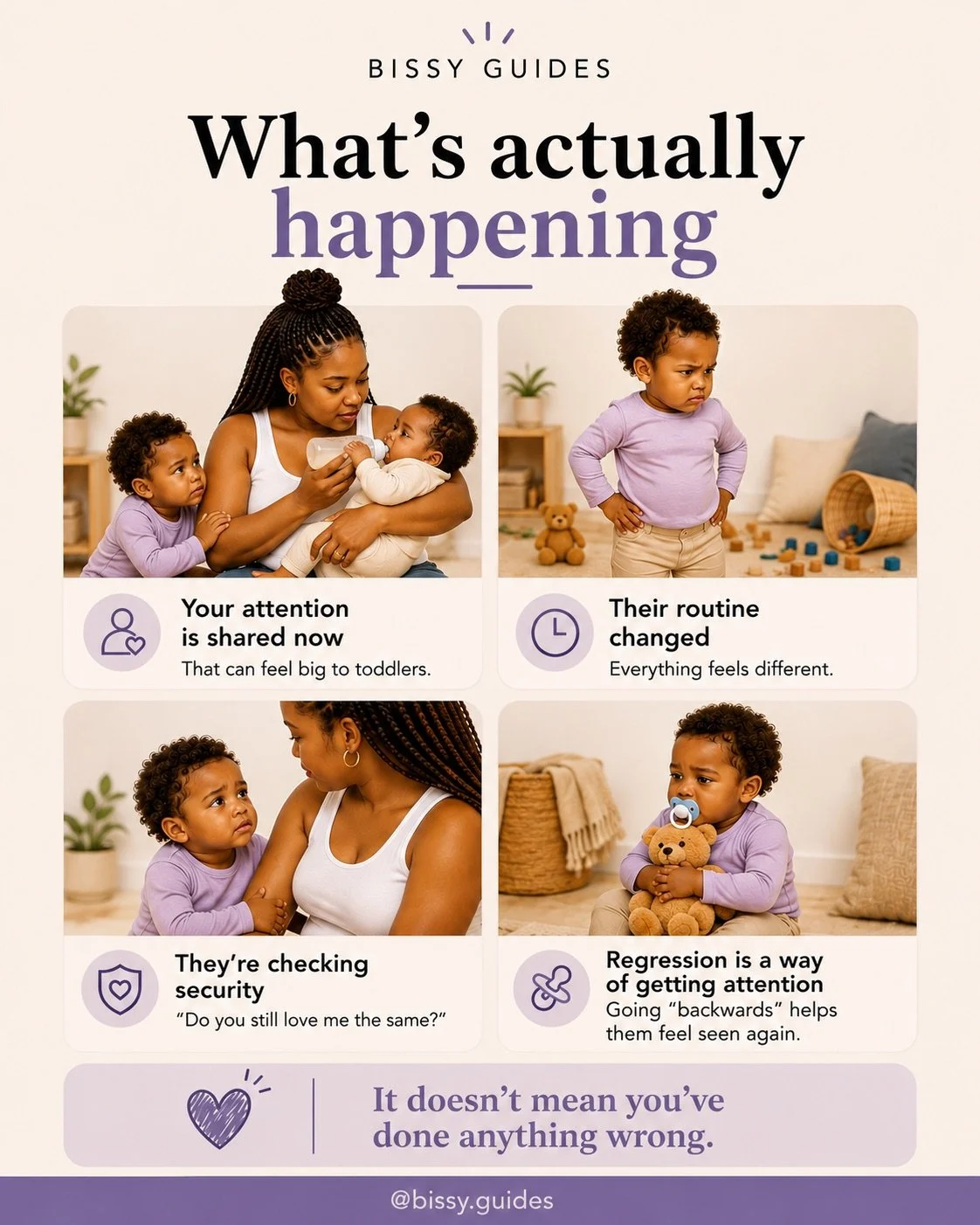 Visual explanation of toddler emotional adjustment and regression after a new sibling arrives.