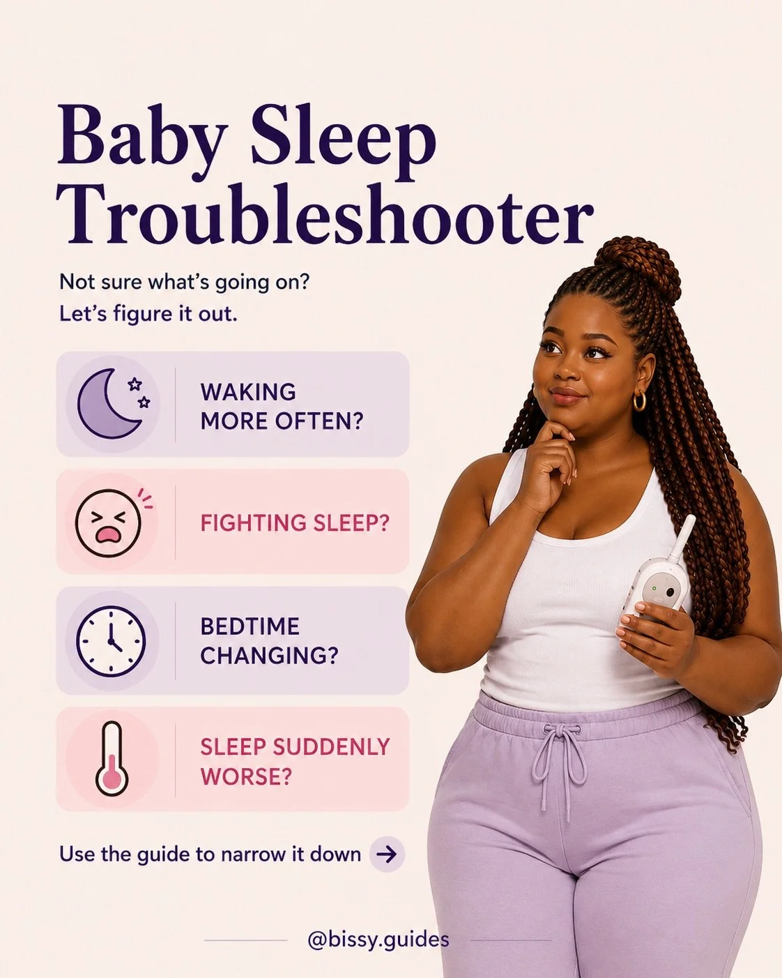 Baby Sleep Troubleshooter guide helping parents identify common causes of baby sleep changes including regressions, wake windows, overtiredness and teething.
