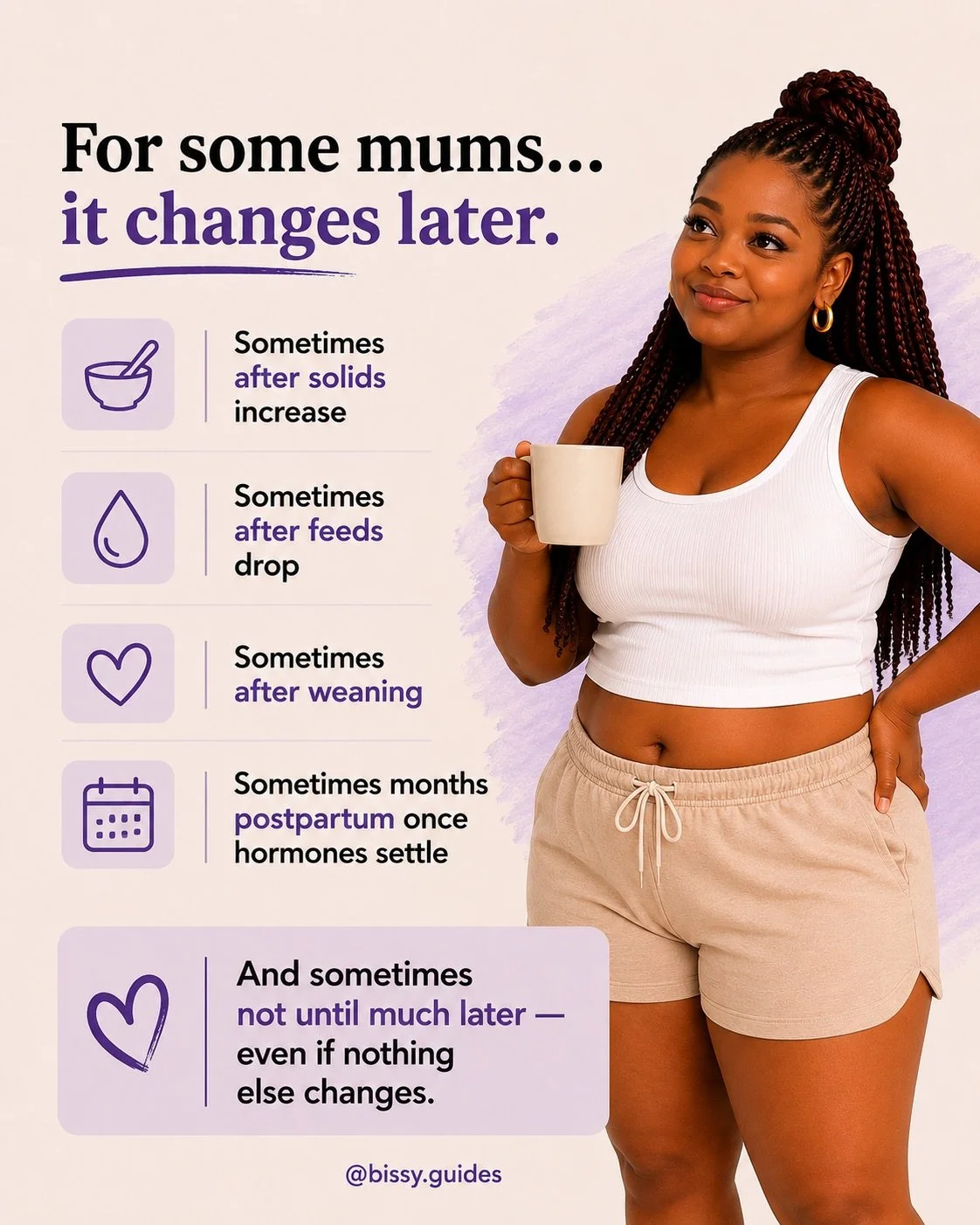 Illustration of a mother standing calmly beside text explaining that postpartum weight can shift later as hormones settle