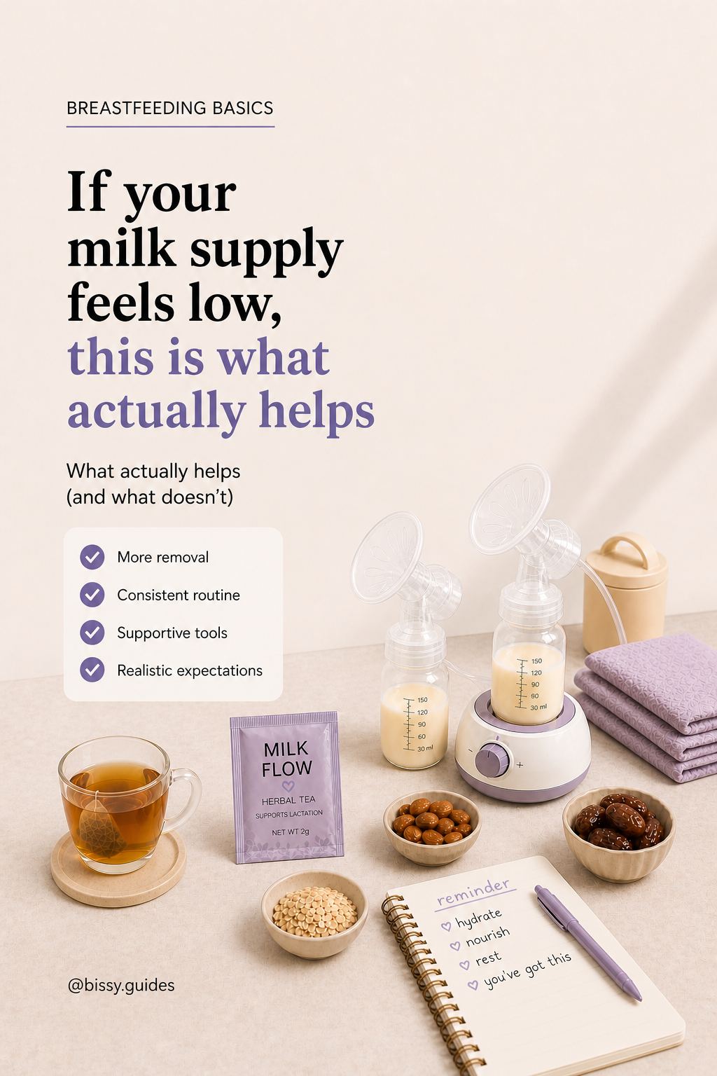Breastfeeding basics increasing supply guide cover with pump, tea, and feeding tools