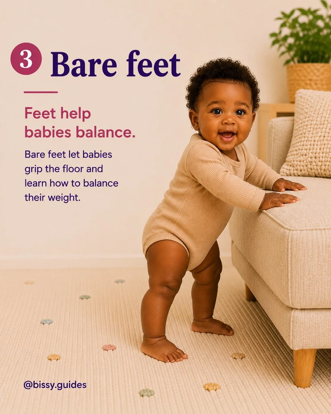 Baby standing barefoot while holding onto a sofa for balance.