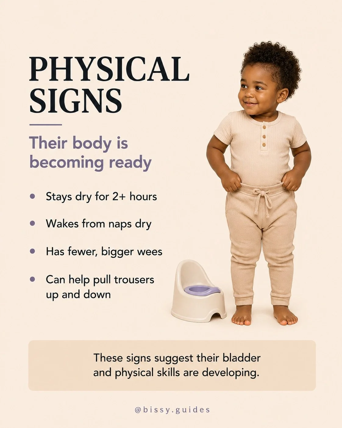 Toddler independently pulling up trousers while standing beside a potty.