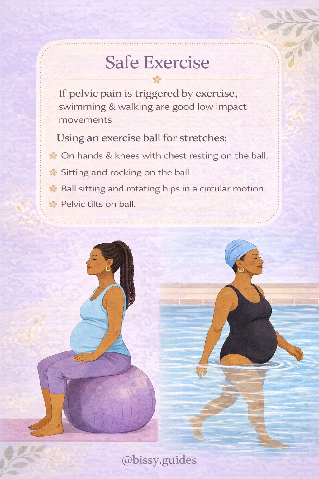 Pregnancy-safe exercises using a birthing ball and swimming for pelvic girdle pain relief.