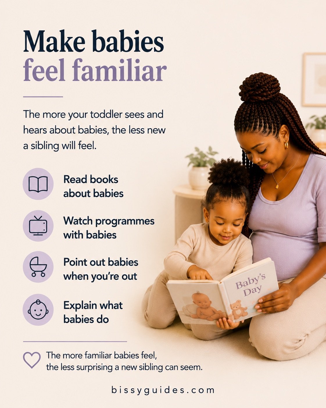 Toddler reading a book about babies with a parent.
