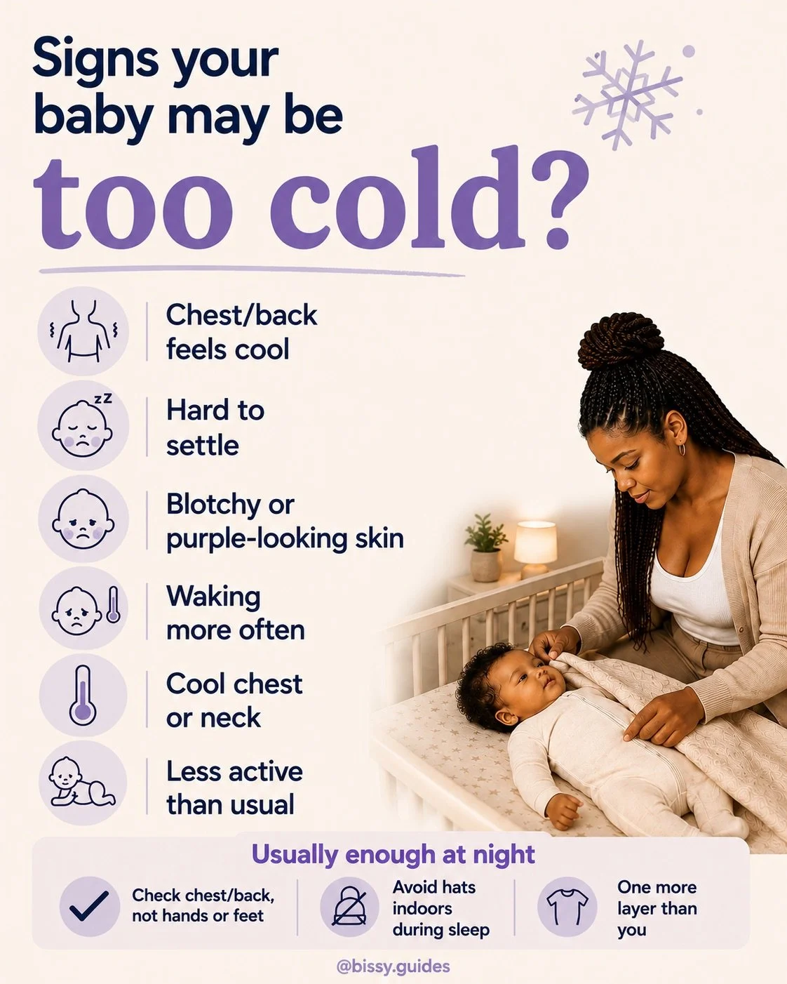 Checklist showing signs a baby may be too cold, including cool chest or neck, blotchy skin, waking more often, with mother tucking baby in bed beside nighttime settling tips