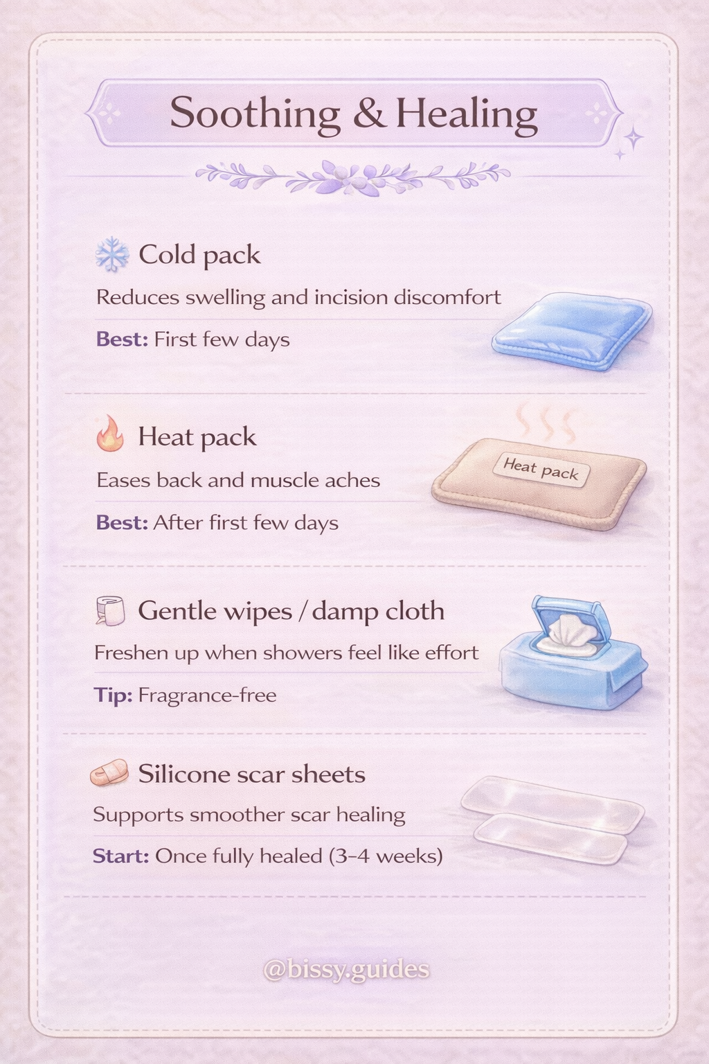 C-section recovery soothing and healing items including cold packs heat pads wipes and silicone scar sheets