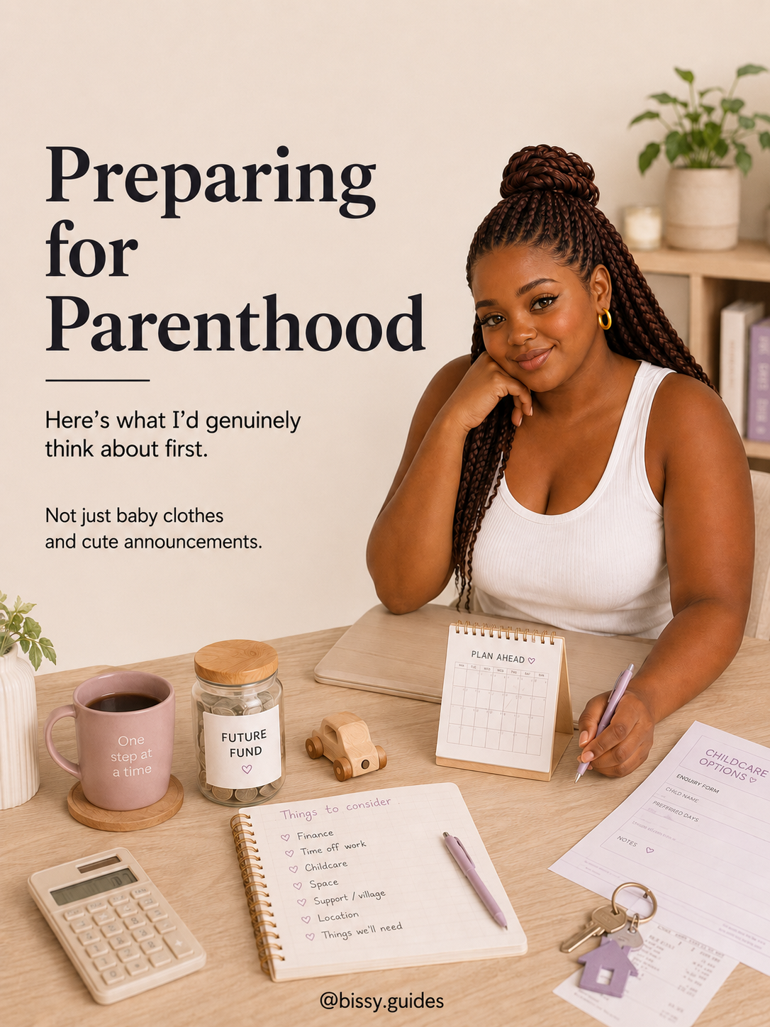 Woman sitting at a desk planning for parenthood with notebooks, calendar and home items in a warm neutral room.