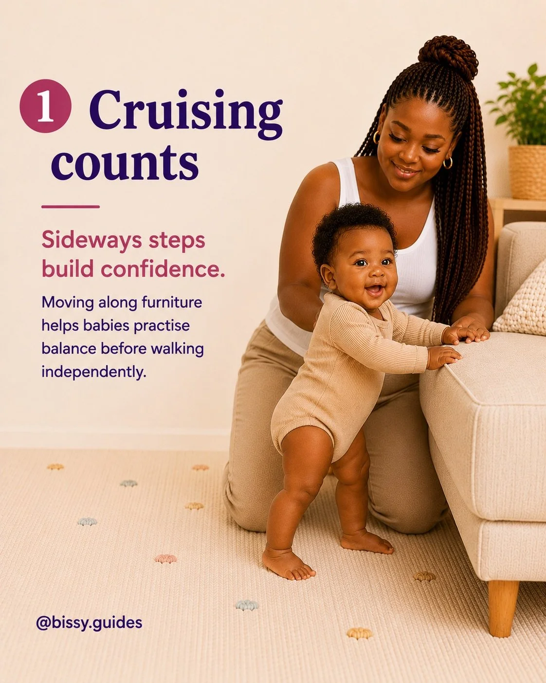 Baby cruising sideways along a sofa while practising balance and coordination.